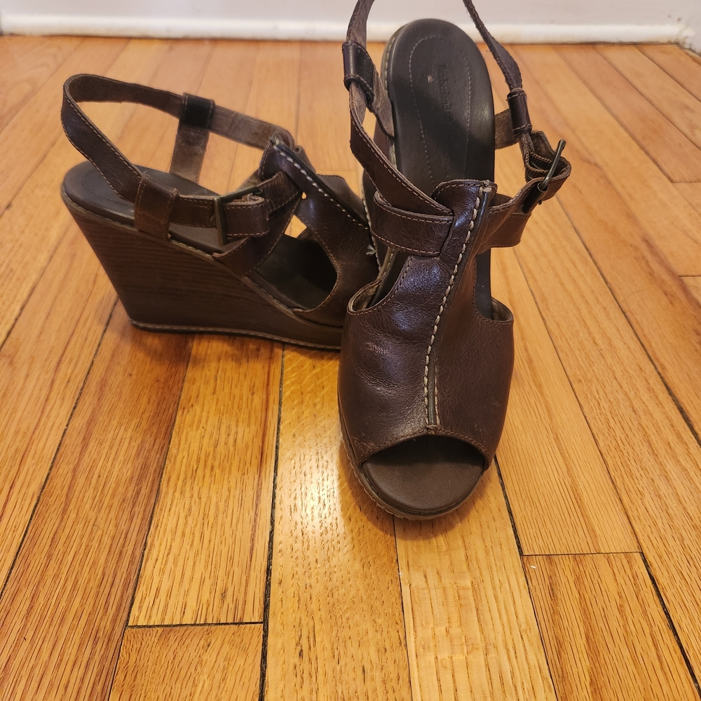 Women's Brown Leather Peep-Toe Wedge Sandals with Slingback Strap